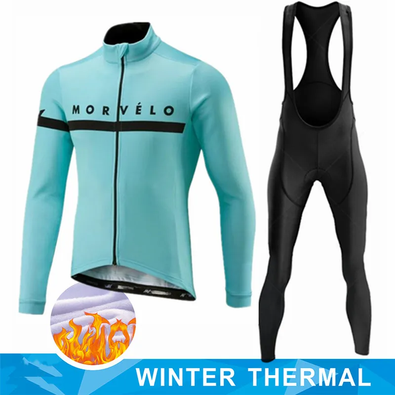 MORVELO Winter Thermal Fleece Long Sleeve Cycling Jersey Set Bib Pants Ropa Ciclismo Bicycle Clothing MTB Bike Men Pro Team Suit view 4
