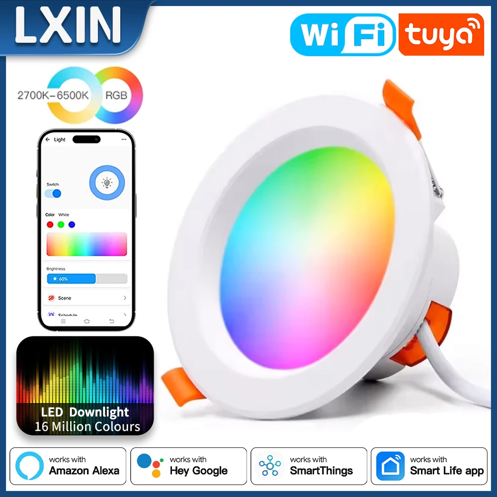 LXIN tuya Downlight WIFI, 5/9/12/15 Умный светодиодный точечный светильник с затемнением, 2700-6500k RGBCW Цвет, теплый, холодный, голос с Alexa Google Home