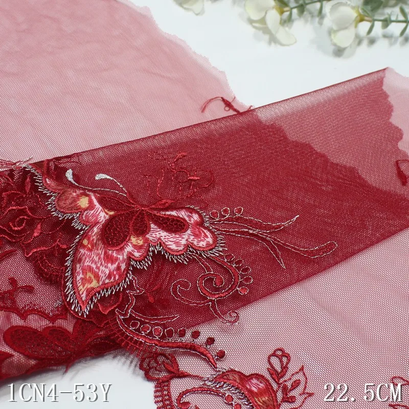 

14 ярдов/лот, 22,5 см шириной, красная сетчатая тесьма с блестящим узором в виде бабочек, высококачественная вышивка, кружевная отделка для одежды и свадебных нарядов