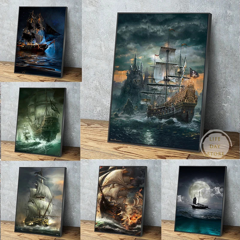 Pirate Ship Dark Sea Battle Poster Century Naval Battle Printed  Canvas Painting Wall Art Pictures for Living Room Home Decor