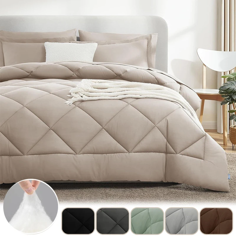 

Beige Grey Brushed Cotton Comforter Set 2/3PCS 229x229cm US Twin King Size Four Seasons Thin Quilt with Antibacterial Pillowcase