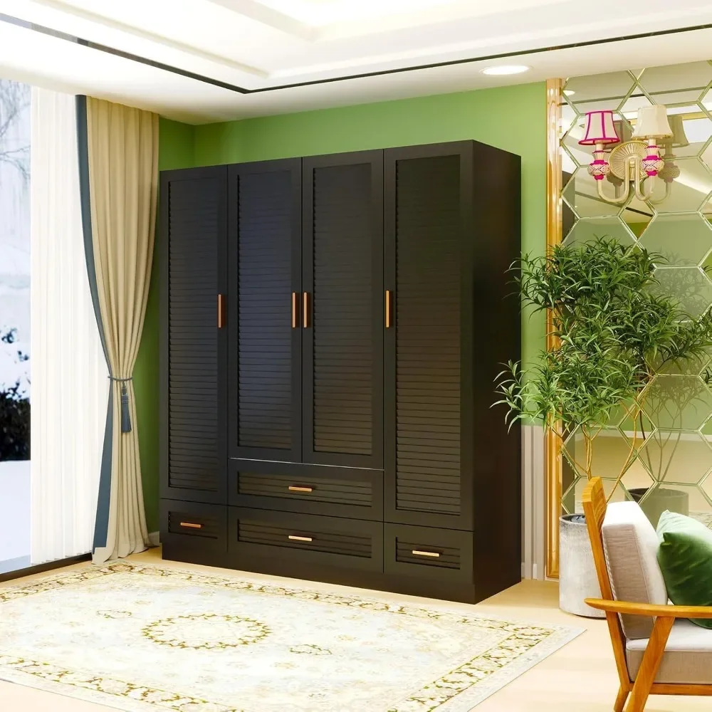 

Large Armoire Wardrobe Closet with 4 Drawers, 6 Shelves & Hanging Rod, 4 Louver Doors Wooden Closet Storage Cabinet for Bedroom