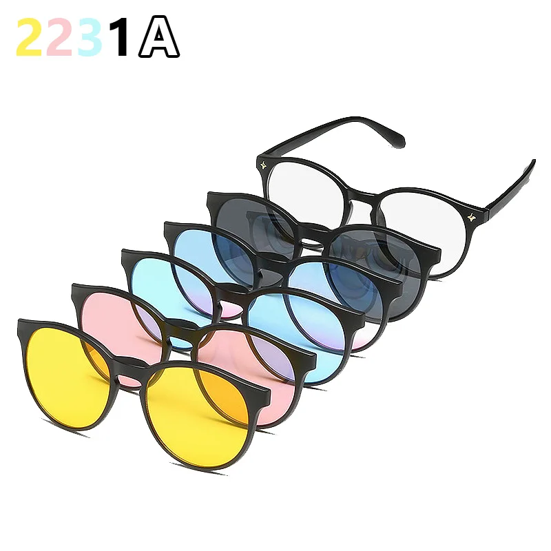 6 In 1 Spectacle Frame Men Women With 5 PCS Clip On Polarized Sunglasses Magnetic Glasses Male Computer Optical 2201