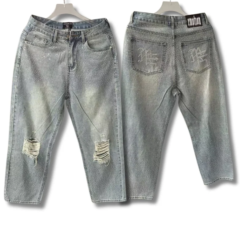 

Vintage MIXED EMOTION Jeans High Street Hip Hop Hole Old Washed Casual Men Women Denim Pants Japanese Streetwear