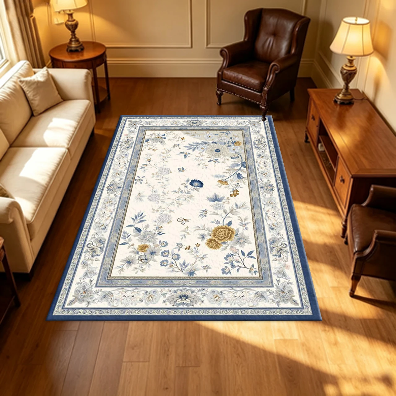 Elegant Vintage Blue Border Floral Carpet Flooring Cream Background Blossom Insect Pattern Household Indoor Large Area Rug