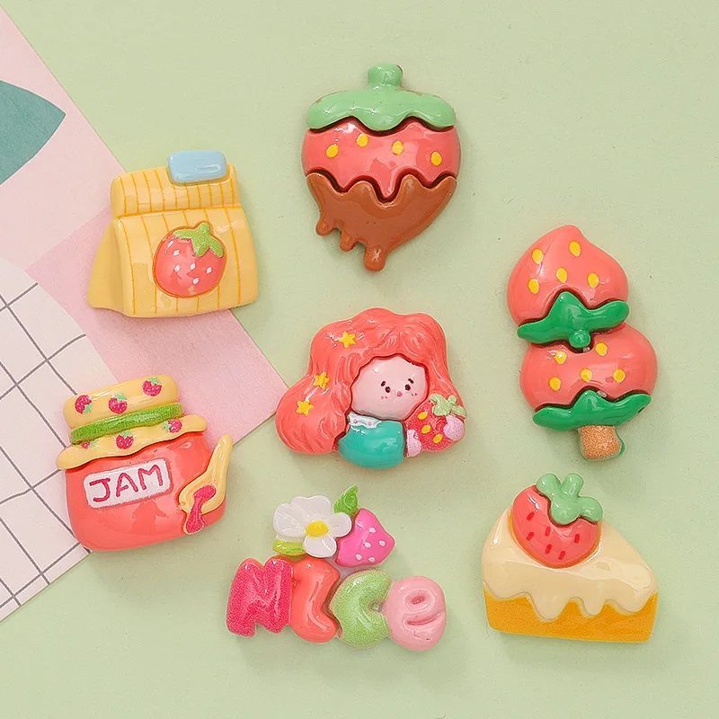 20pcs New Resin Sweet Cake Flatback Cabochons for Girls Headwear Accessories Kawaii Strawberry Cookies Resin Decoration Charms