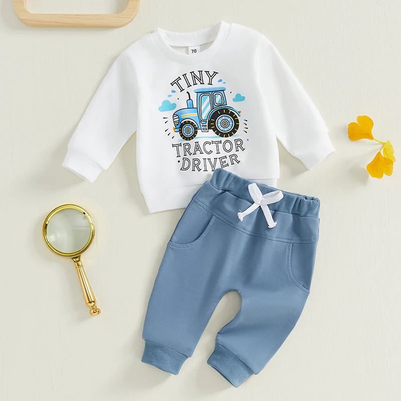 Toddler Boy Fall Outfits Tractor Letter Print Long Sleeve Round Neck Sweatshirt with Solid Color Pants 2Pcs Set