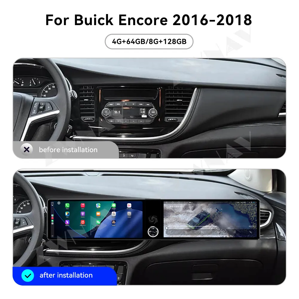 

Двухэкранный мультимедийный проигрыватель с GPS-навигацией для Buick Encore 2016-2018, 12.3 дюйма, Qualcomm, Carplay, Android 14, автомобильная магнитола