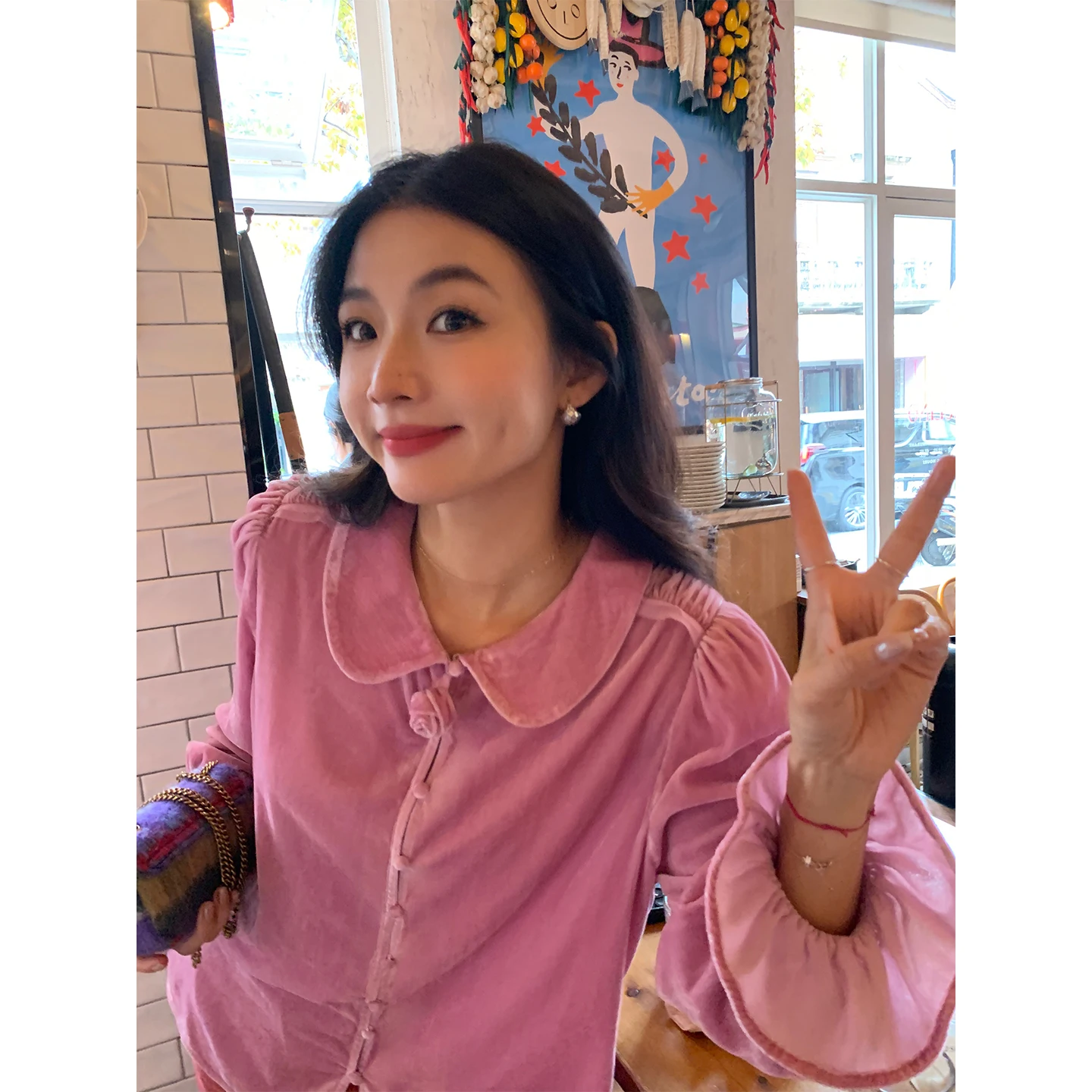 

Women's Velvet irt Bubble Sve Purple New Chinese Sle Top Vintage Faion Straight Cut Long Sve Breathable Casual Wear