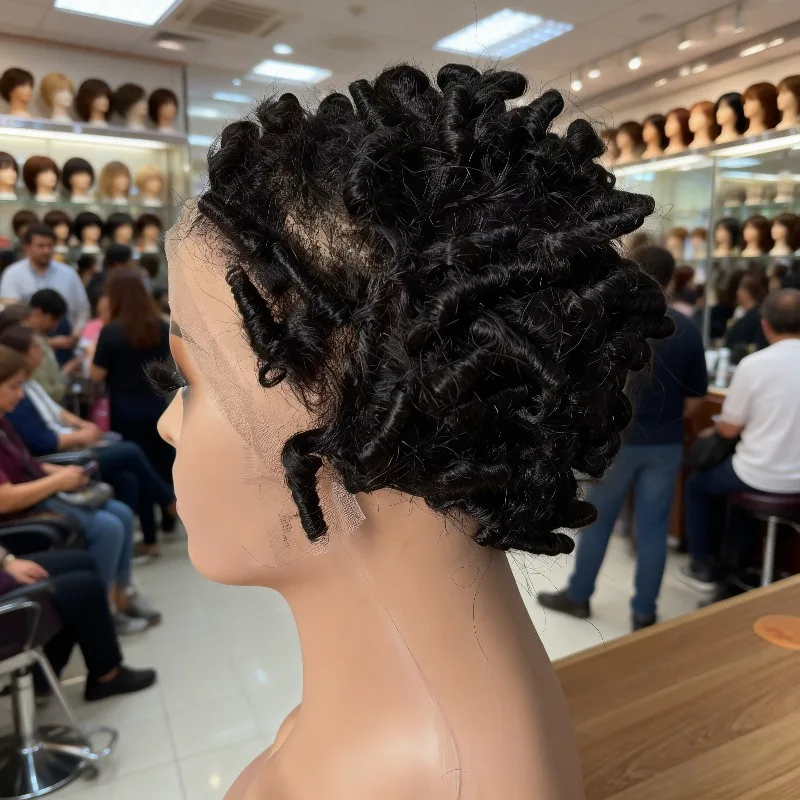 

Short Caterpillar Curly 13x4 Lace Frontal Human Hair Wig Natural Color Comfortable Fit Easy To Style for Women Salon Daily Use
