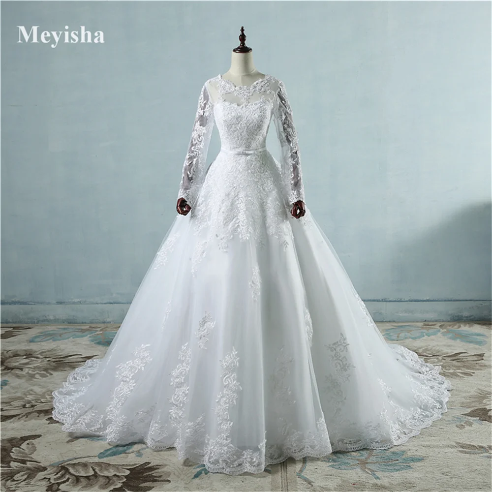 Dostosowana suknia ślubna ZJ9065 2025 White Ivory Lace Bride O Neck z długim rękawem Suknia ślubna z trenem dworskim Plus Size 2-26W