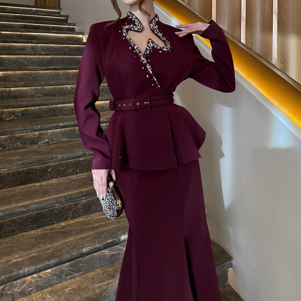 فساتين سهرة مخصصة على شكل حرف a بطول الكاحل ورقبة عالية وأكمام طويلة فستان حفلات أنيق وشاحات كريستالية بسيطة ثنيات للحفلات