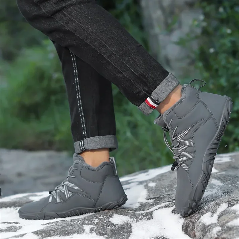 Men Non-slip Hiking Shose BareFoot Boots Winter Waterproof Snow Boots Outdoor Walking Shoe Warm Fur Ankle Leisure