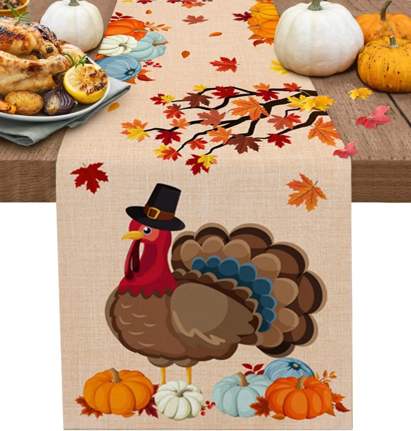 

Fall Pumpkin Maple Leaf Turkey Linen Table Runner Dresser Scarve Table Decor Reusable Kitchen Dining Table Runner Party Decor