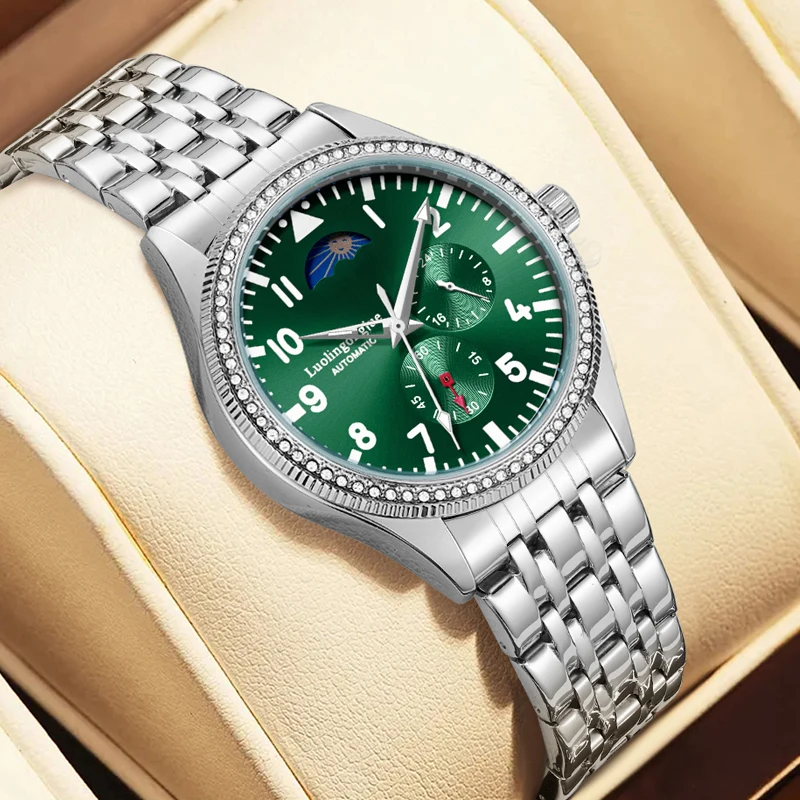 High-End Business Men's Mechanical Watch, Round Dial, Automatic Winding, Skeleton Design, Stainless Steel Strap, Multi-Functional Sub-Dial, European, American, Japanese, and Korean Style, Fashionable Accessory, Suitable for Business and Casual Wear, the Best Gift for Him