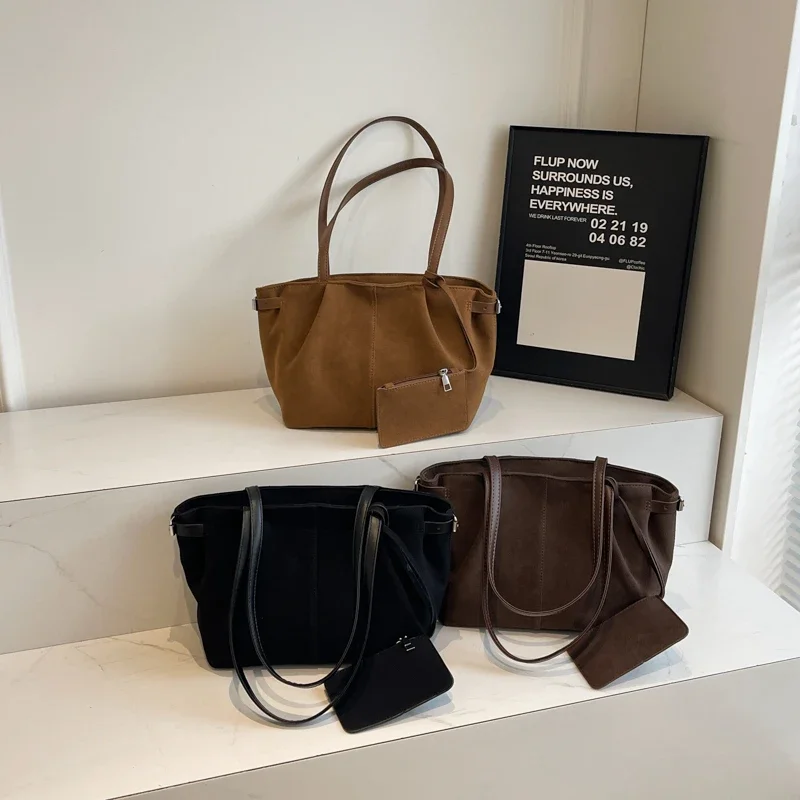 Velvet Zipper 2024 High Quality Shoulder Bag Solid Color Baoding Fashion Handbag Simple Large Capacity Popular Soft Tote Bag