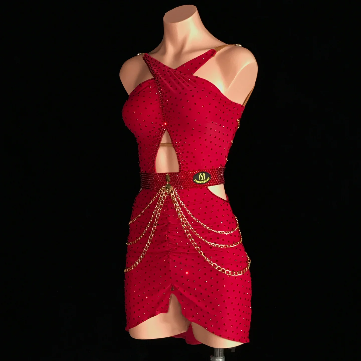 Latin Dance Adult And Children's Dress AB Diamond High-End Custom Red Mesh Metal Chain Professional Dance Clothing