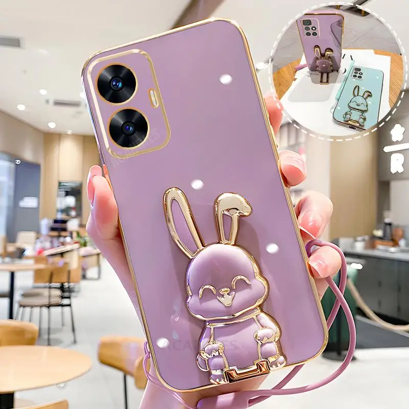 Realmec55 Plating Rabbit Holder Lanyard Case For Realme C55 C53 C33 C35 C21 C21y C20 C30 C15 Neo 5s 5 Silicone Stand Cover Gt5