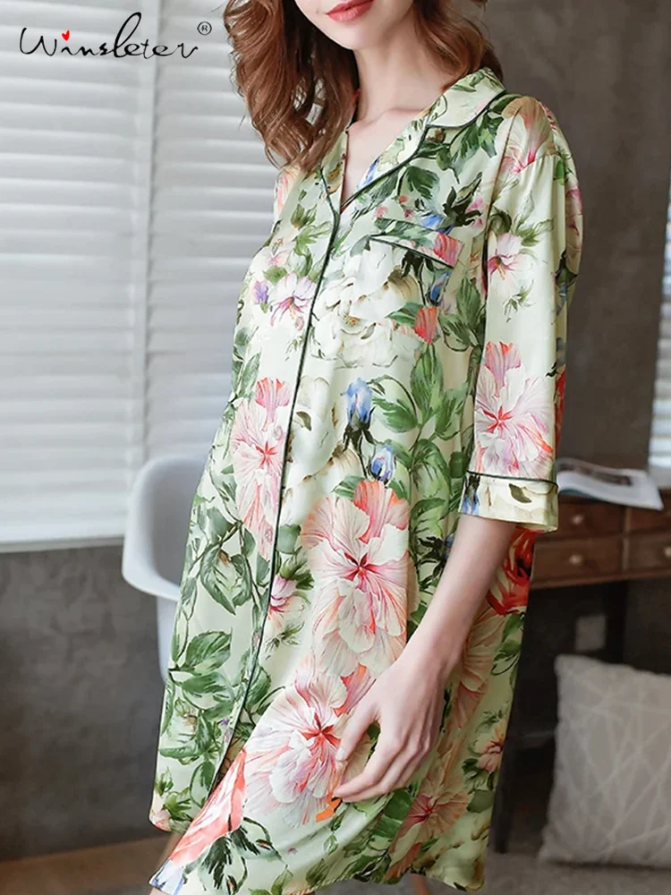 

Winsleter Women Flower Print Short Sleeve Pajama Dress,92% Natural Silk Casual Nightgown,Elegant Fashion,2024 Summer P45070QM
