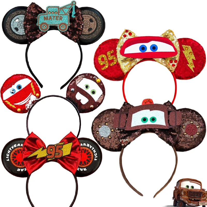 Disney Cars Hair Bands Girls Lightning McQueen Hairbands Kids Sequins Mater Hairband Women Bow Headbands Pixar Anime Headwear