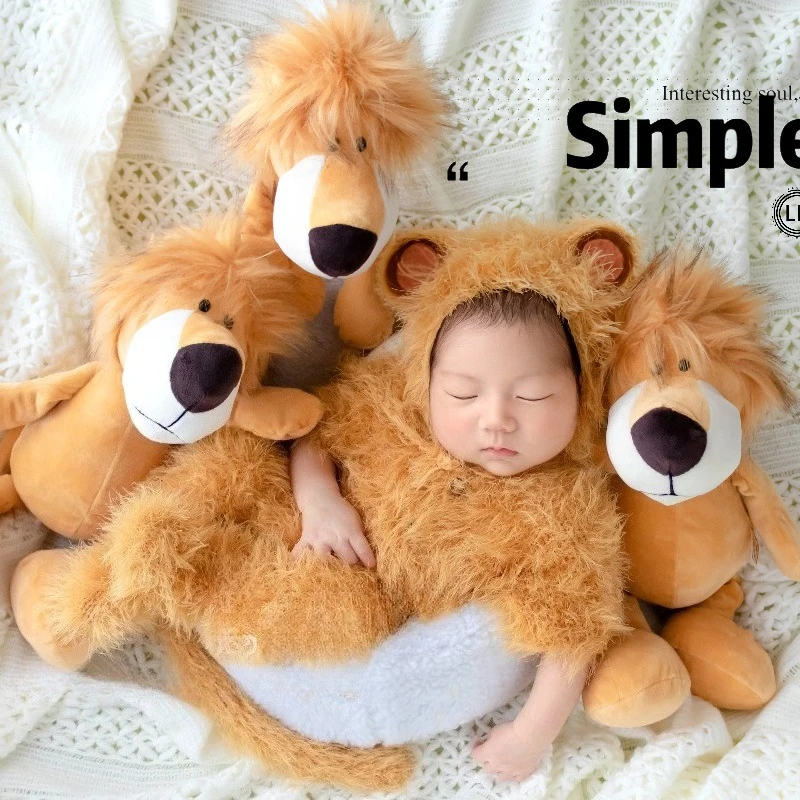 Newborn Photography Props Cute Lion Animal Theme Set White Blanket Handmade Knitted Outfit Doll Decor Accessories for Photoshoot