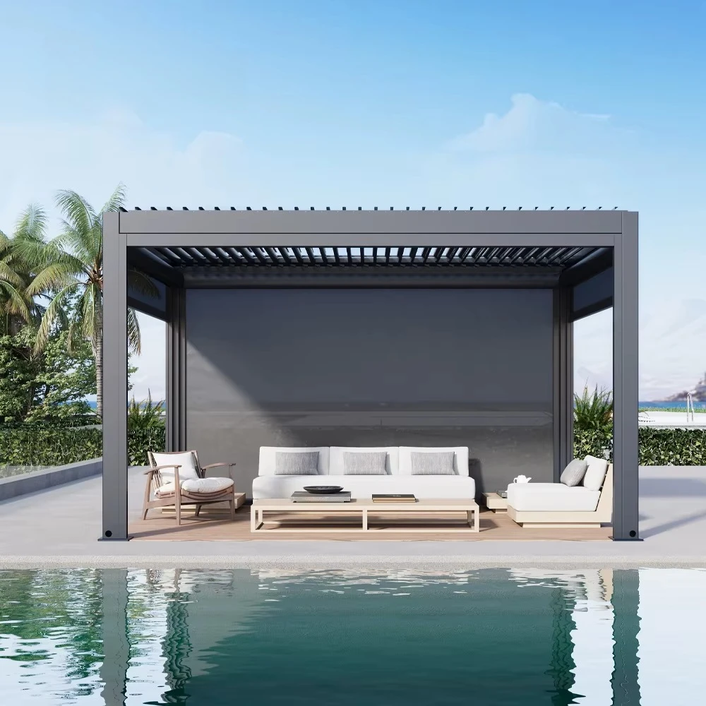 Automatic Aluminum Louvered Pergola with Bioclimatic Awnings for Outdoor Gazebo Shading and Patio Roof UV Resistant Waterproof