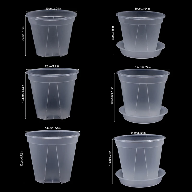 Vaso de flores transparente PP com furos, plantador claro com bandeja, mesa de escritório em casa, vaso de orquídeas, 10cm, 12cm, 14cm, 1pc