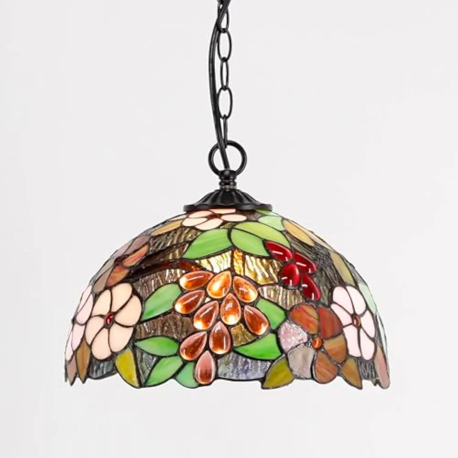 

Tiffany Pendant Light Plug in 12 Inch Green Purple Grape Stained Glass Hanging Lamp with Chain 33 Inch, Cord 15 Feet