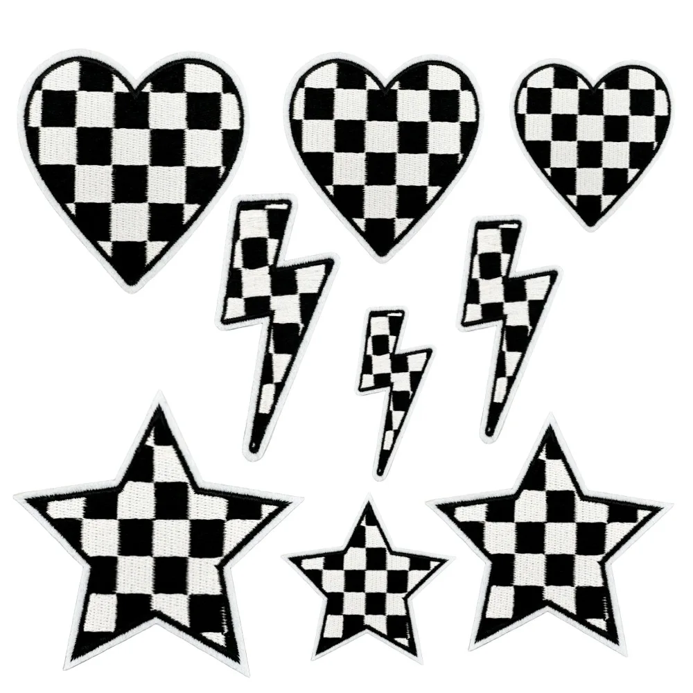 Black and white gingham fabric patches wholesale discounted computer embroidered star lightning heart patches ready-to-ship item