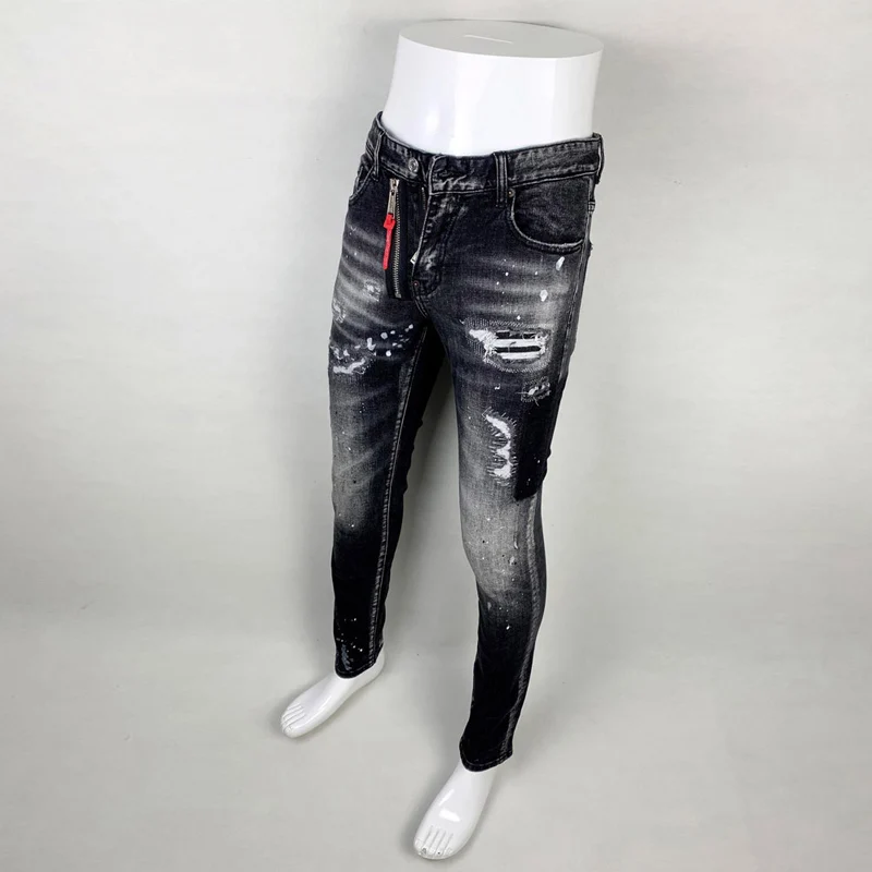 Fashion Streetwear Men Jeans Retro Black Gray Stretch Skinny Fit Ripped Jeans Men Painted Designer Hip Hop Brand Pants Hombre