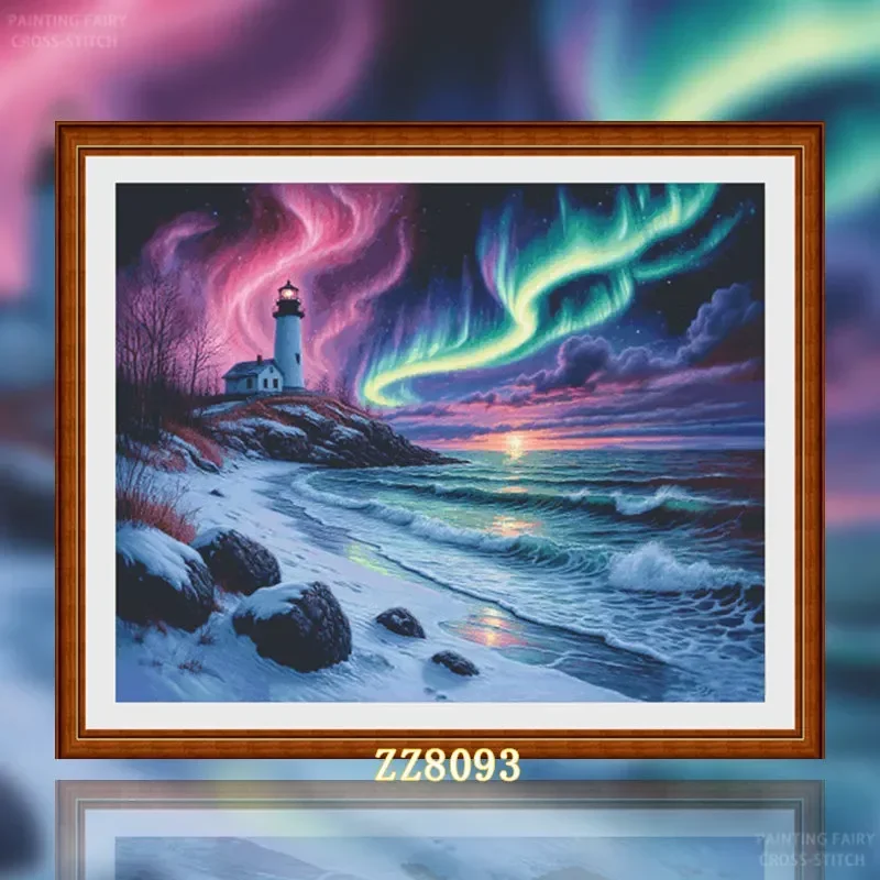 [ZZ8093-Aurora kisses the lighthouse bank] Stamped Cross Stitch Kit 11/14/16/18CT Pre Printed Canvas Cotton Floss DIY Embroidery