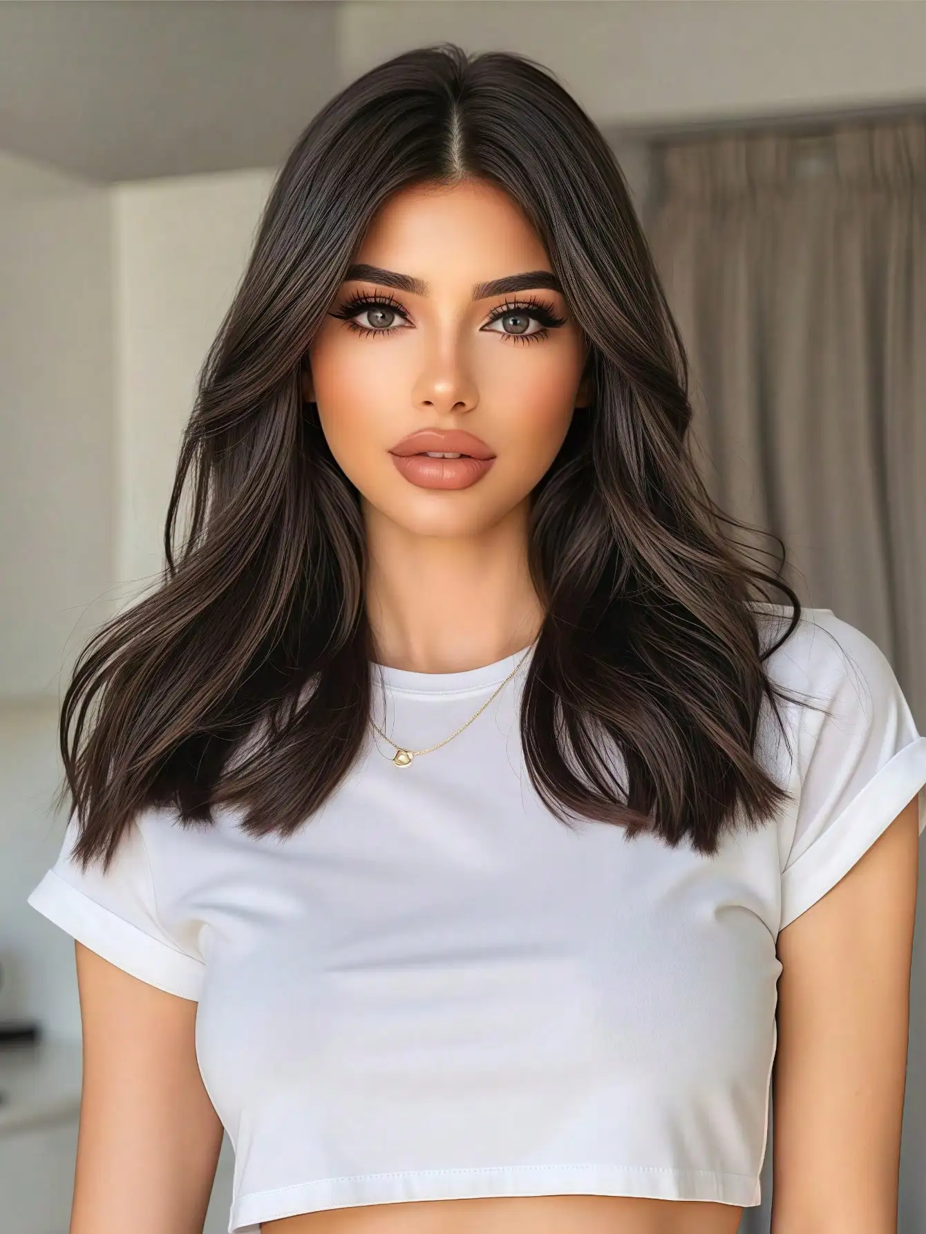 HENRY MARGU Medium Length Wavy Synthetic Hair Natural Black Wig for Women Brown Wavy Fake Hair Middle Part Daily Club Wigs