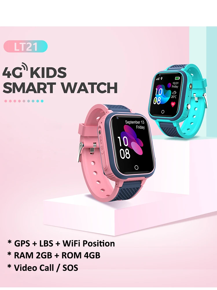 LT21 4G 스마트 워치 키즈 GPS 와이파이 비디오 통화 SOS IP67 방수 어린이 Smartwatch 카메라 모니터 트래커 위치 전화 시계 