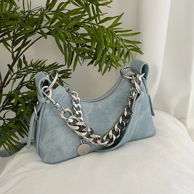 

Trendy Textured Denim Handbag 2023 New Simple Casual Women's Chains Underarm Bags Fashion Design Female Crossbody Bag