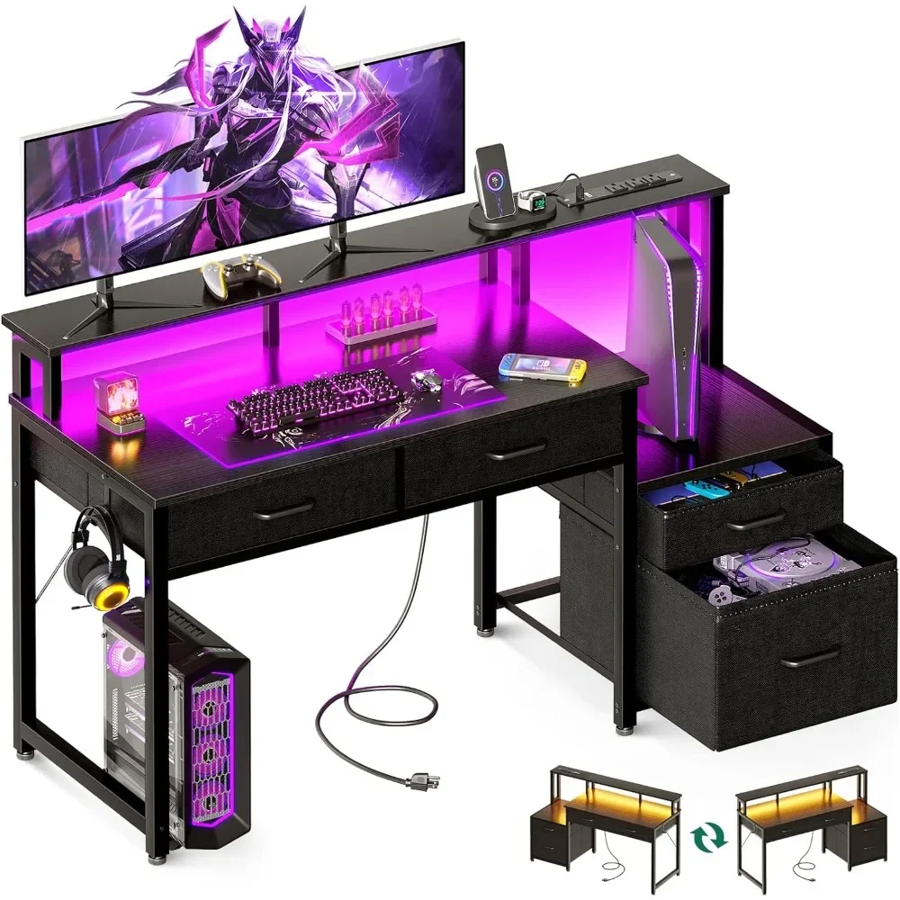 

48-Inch Computer Desk with Power Outlets and LED Lights, Gaming Desk with 4 Fabric Drawers, Reversible Office Desk