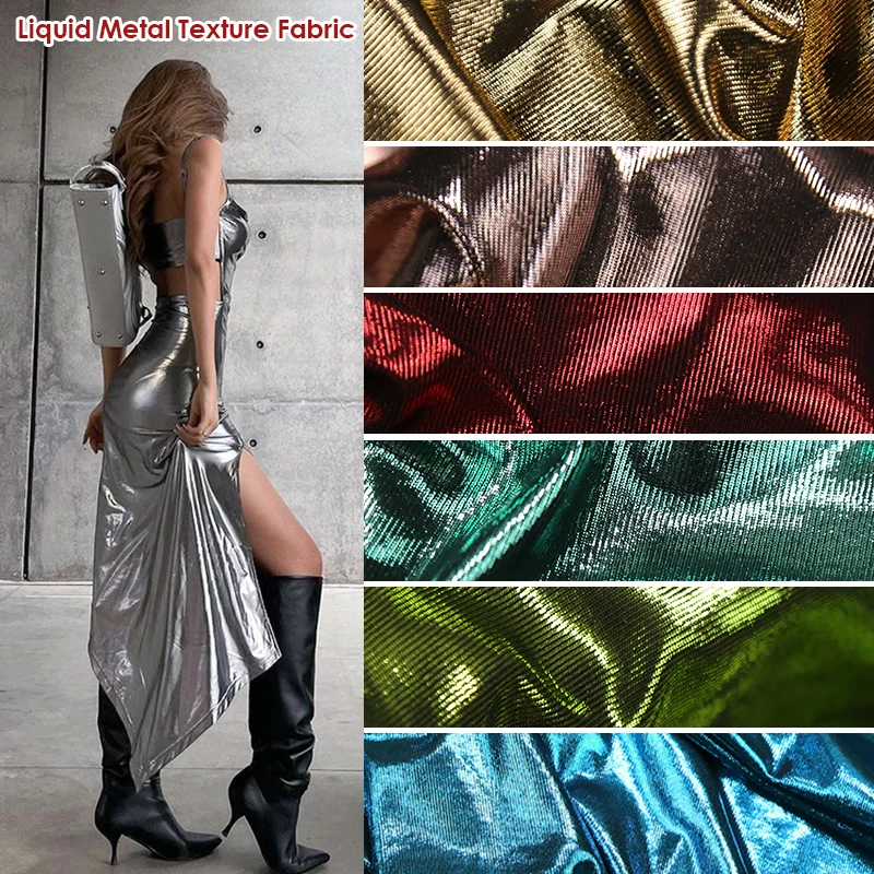 1m Liquid Metal Texture Fabric Hot Silver Glitter Fabric Stretch Knitted Mirror Silver DIY Suspender Dress Sew Designer Fabric