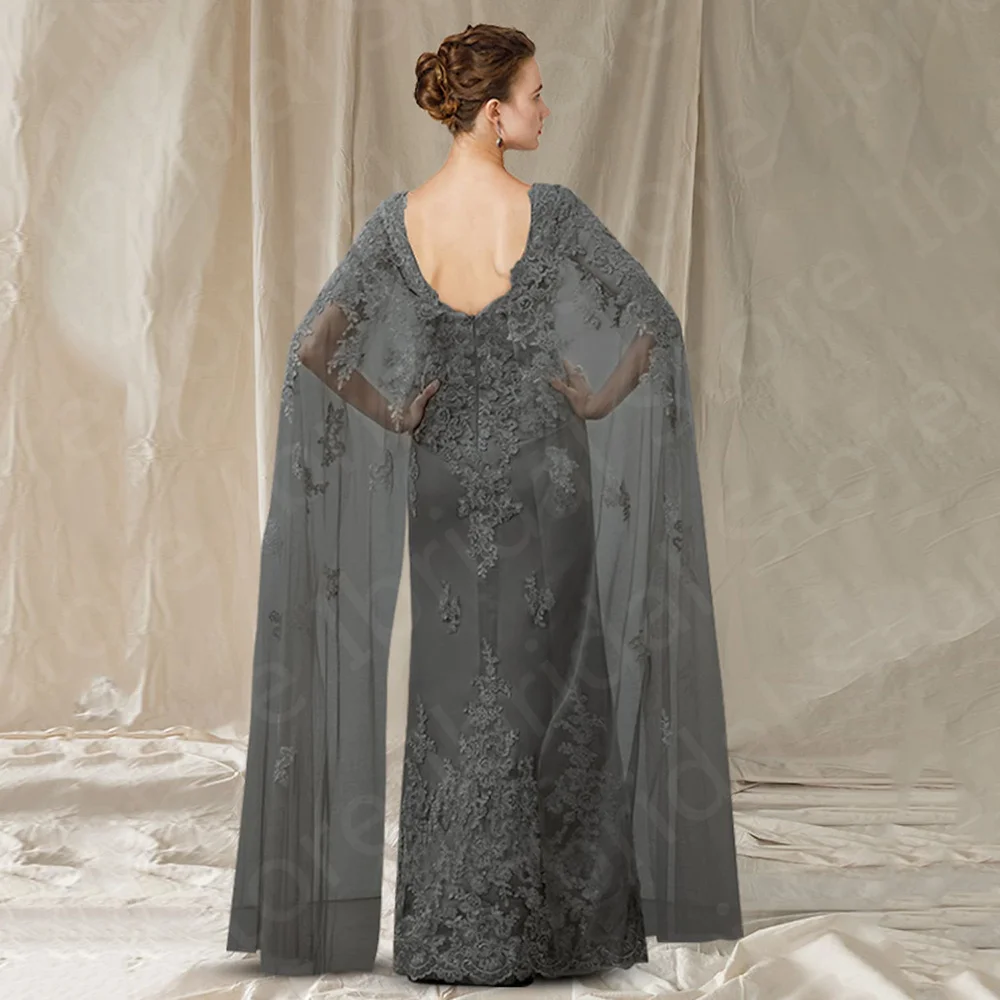 Elegant 2023 New Gray Mother of the Bride Dresses Lace Round Neck   Back Out Wedding Guest Gowns Long Sleeves