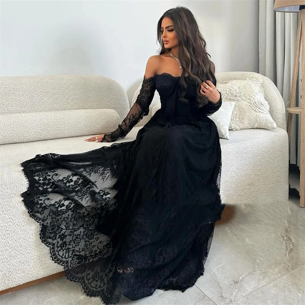 Czarna ukochana koronkowa suknia wieczorowa z saudyjskim arabią z długimi rękawami suknia balowa podłoga zamiatająca suknia wieczorowa 2024 nowość