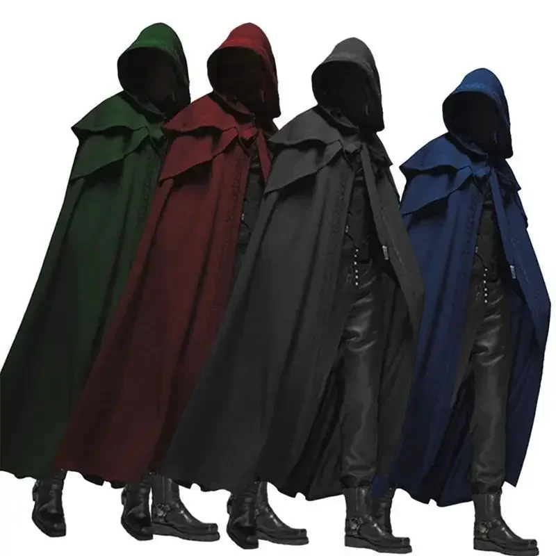 

Medieval Vintage Hooded Black Cloak Coat Men Gothic Style Monk Cosplay Costume Windproof Trench Winter Long Cape Poncho Outwear