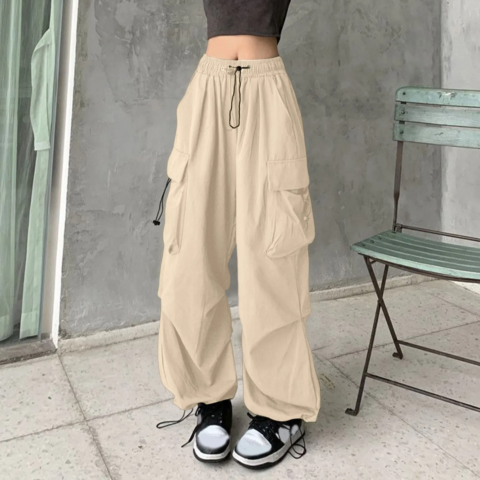 Pantalones Cargo de pierna ancha para mujer, ropa de calle, Joggers de Hip Hop, pantalones de chándal con cordón, cintura elástica, pantalones sueltos informales