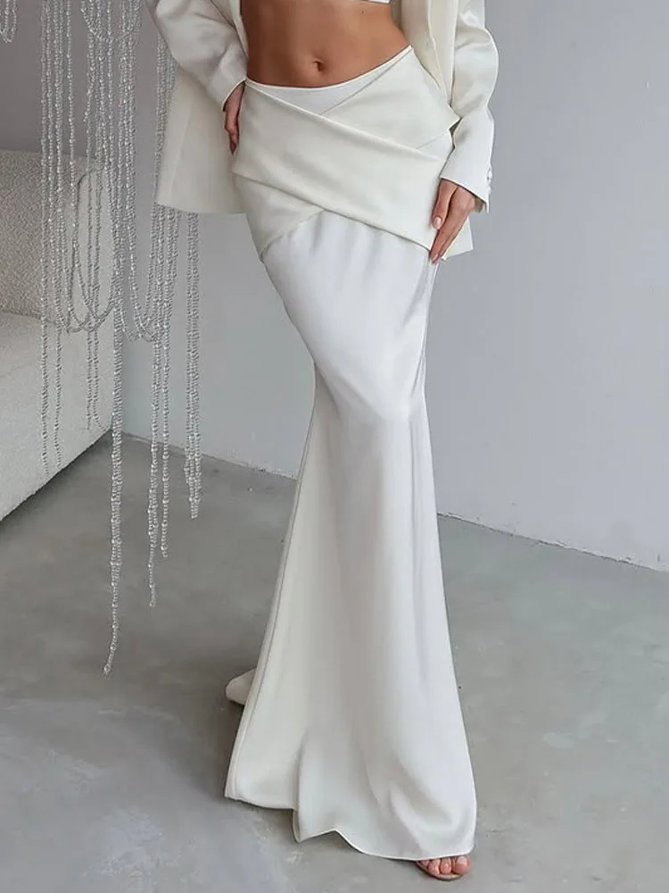 BKQU Fashion Satin Party Long Skirt High Waist Solid Color Casual Basic Women Skirts Fishtail Skirt Elegant Chic Summer Skirt