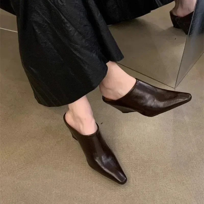 2024European American Baotou Half Women\'s Soft Leather Slope Heel High  Cool Fashion Outwear Thick  Lazy Muller Shoes