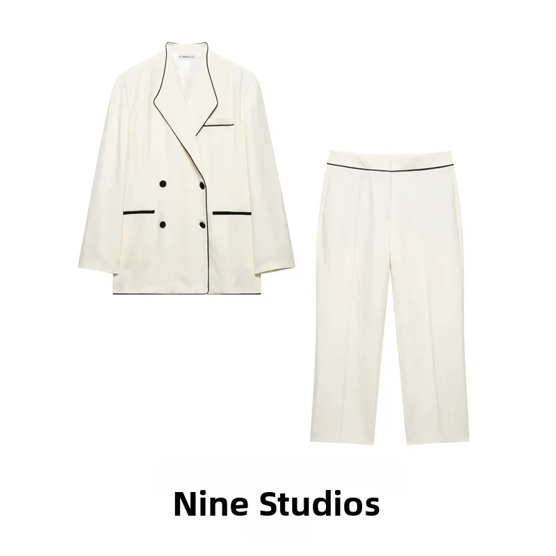 

NINE ZA Women's Color Blo Trim Suit Casual Pants Set Long Sve Button up Faionable Two Piece Set Autumn 2025 Collection