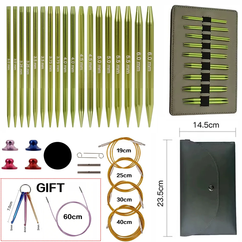 Juego de agujas de tejer circulares intercambiables verdes, incluye 9 pares de agujas de aluminio de primera calidad y 5 piezas de cuerda giratoria