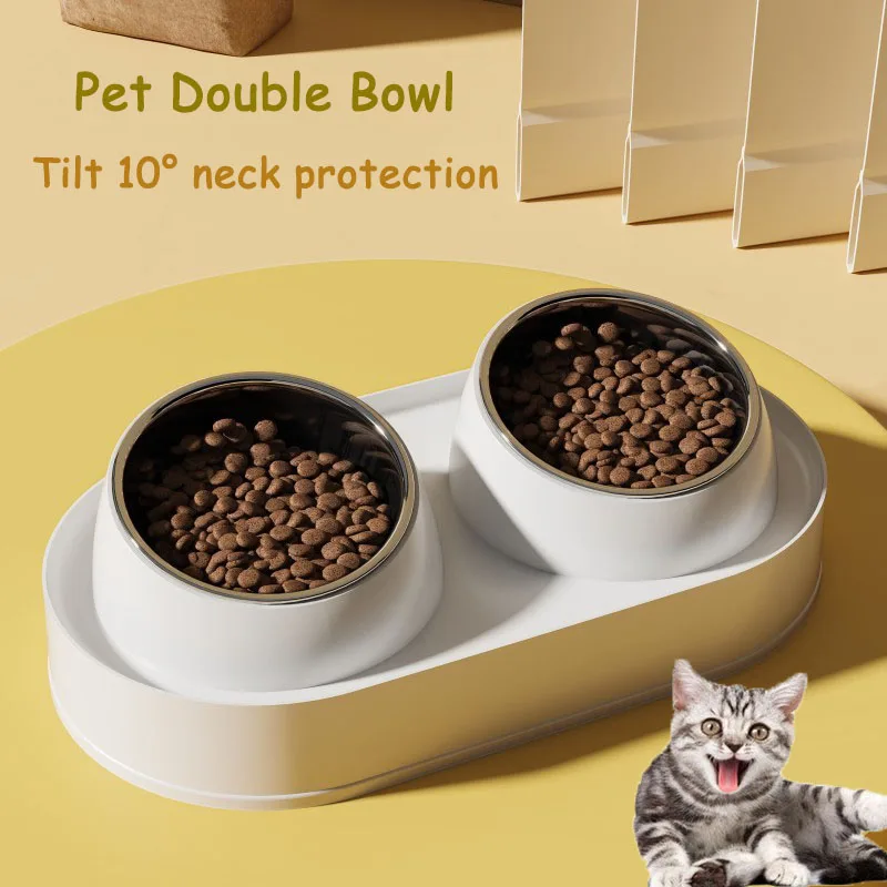 Pet Cat Bowl Non-Slip dog Double Bowl Tilt Safeguard Neck Cat Food Container not black chin dog Water Feeder Pet Supplies