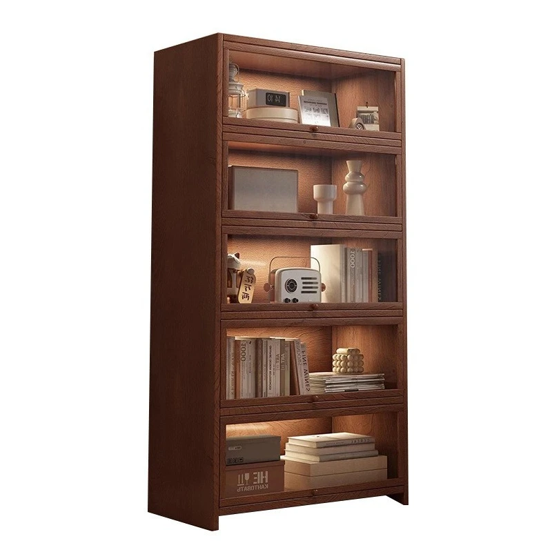 Solid Wood Dustproof Bookshelf, Walnut Tone Integrated Wall Storage Cabinet for Home Use