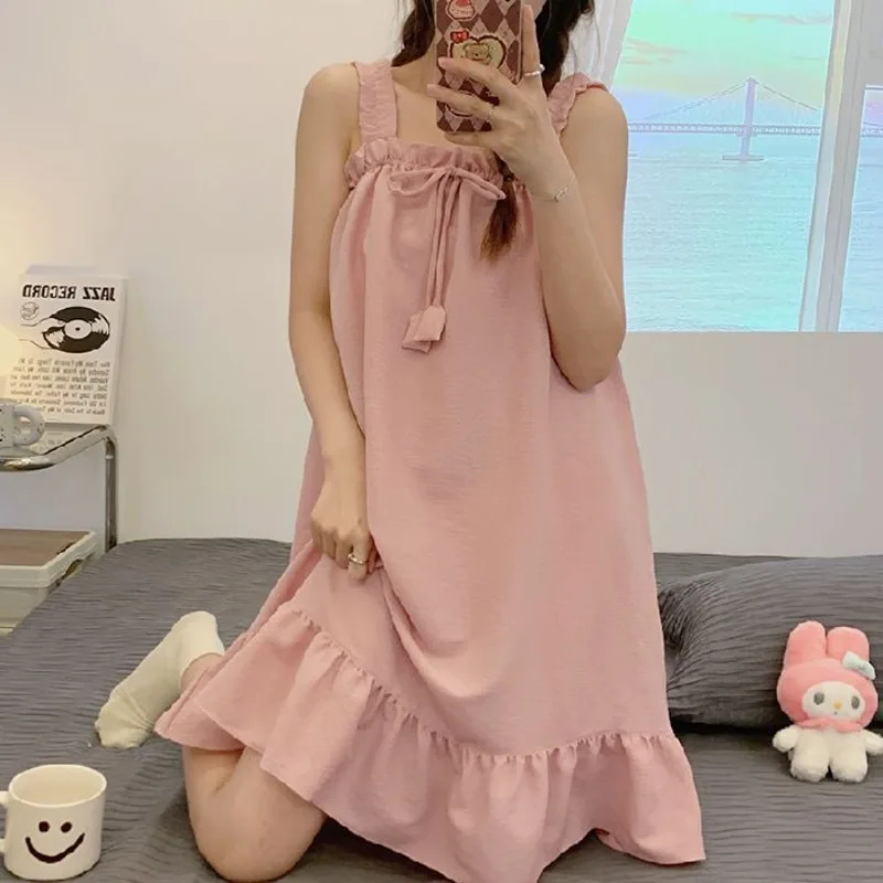 Sweet Nightgowns for Women Sleeveless Design Solid Candy Colors Fashion Lovely Girls Bow Loose Casual Outdoor Summer Clothing