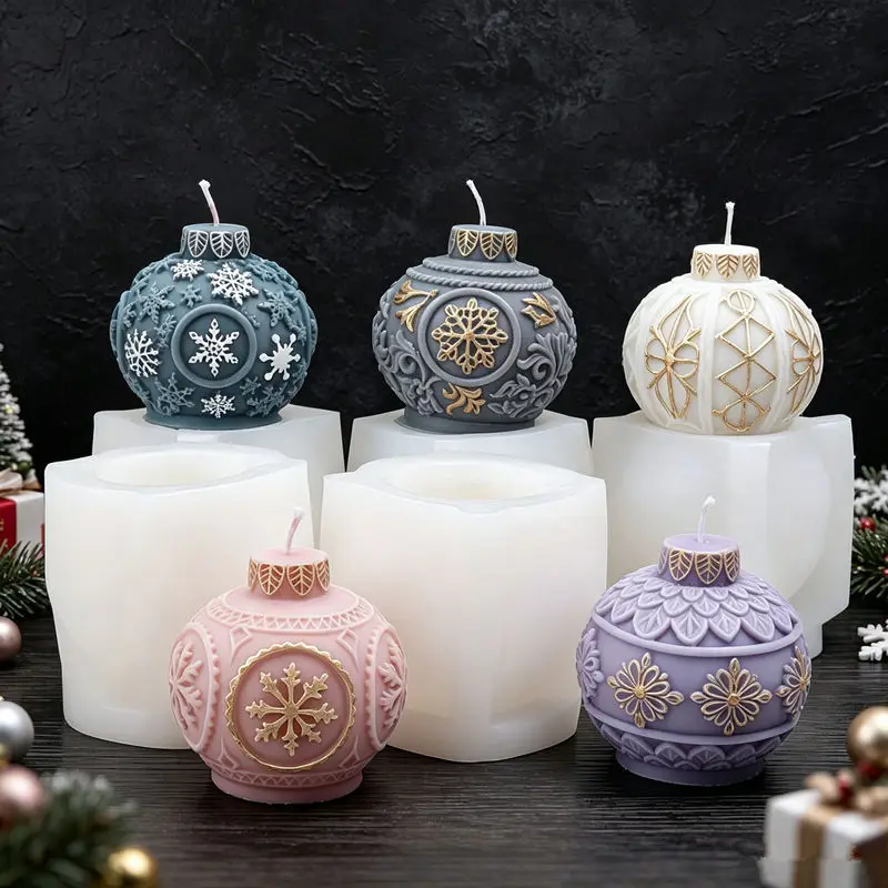 Weihnachtskugel-Silikonform für Kerzen mit Geprägten Schneeflocken und Blumenmustern, Runde Weihnachtsornament-Form, DIY Kerzen-, Seifen- und Gipsform, Handgemachtes Geschenk
