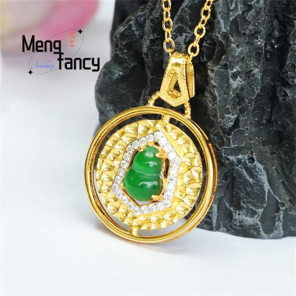 S925 Silver Inlaid Natural Jadeite Ice Type Imperial Green Gourd Pendant Exquisite Elegant Charm High-grade Fashion Fine Jewelry