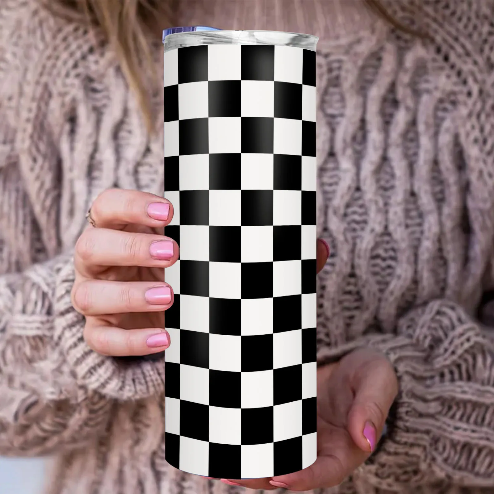 1pc 20oz Black White Checkered Stainless Steel Tumbler with Lid and Straw, Hot for 12 Hours, Cold for 24. Retro Design, Perfect Gift for Trend Lovers, Women and Men. Ideal for Holiday, Travel, Office or Car Use. Coffee or Water Tumbler.